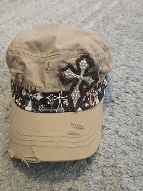 Vtg Leader Distressed Cadet Hat Tan Cross Rhinestone Y2K Military Cap Goth Grung